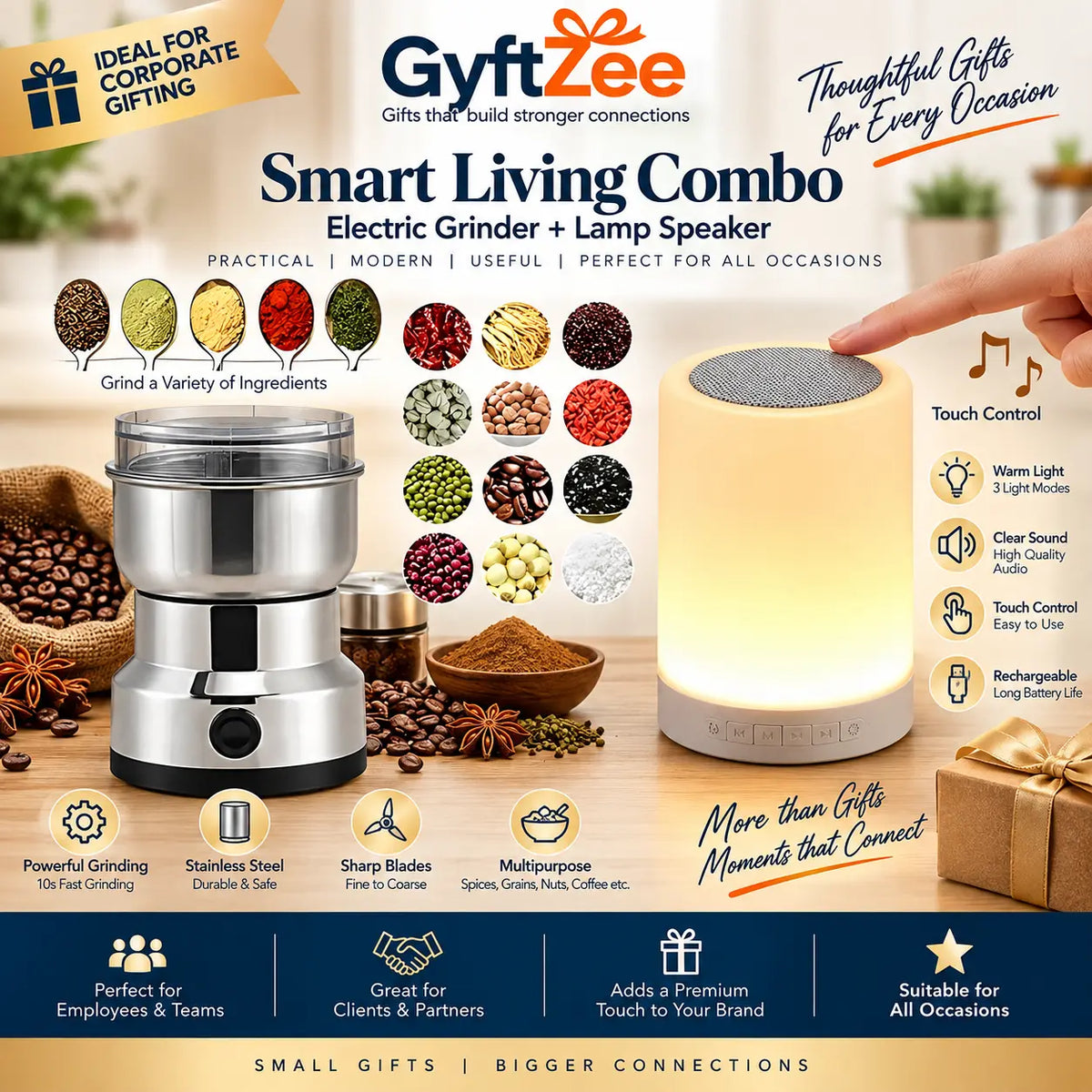 Smart living corporate gift combo featuring an electric grinder and lamp speaker