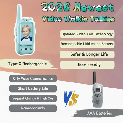 Advertisement for 2025 newest video walkie talkies with features and comparison to older models.