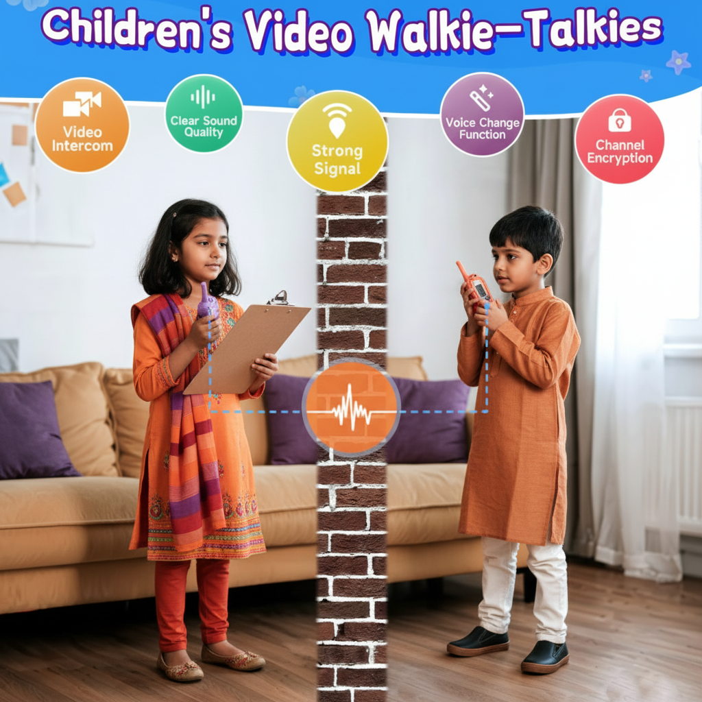 Two children playing with video walkie-talkies in a living room setting, with features highlighted on a brick wall.