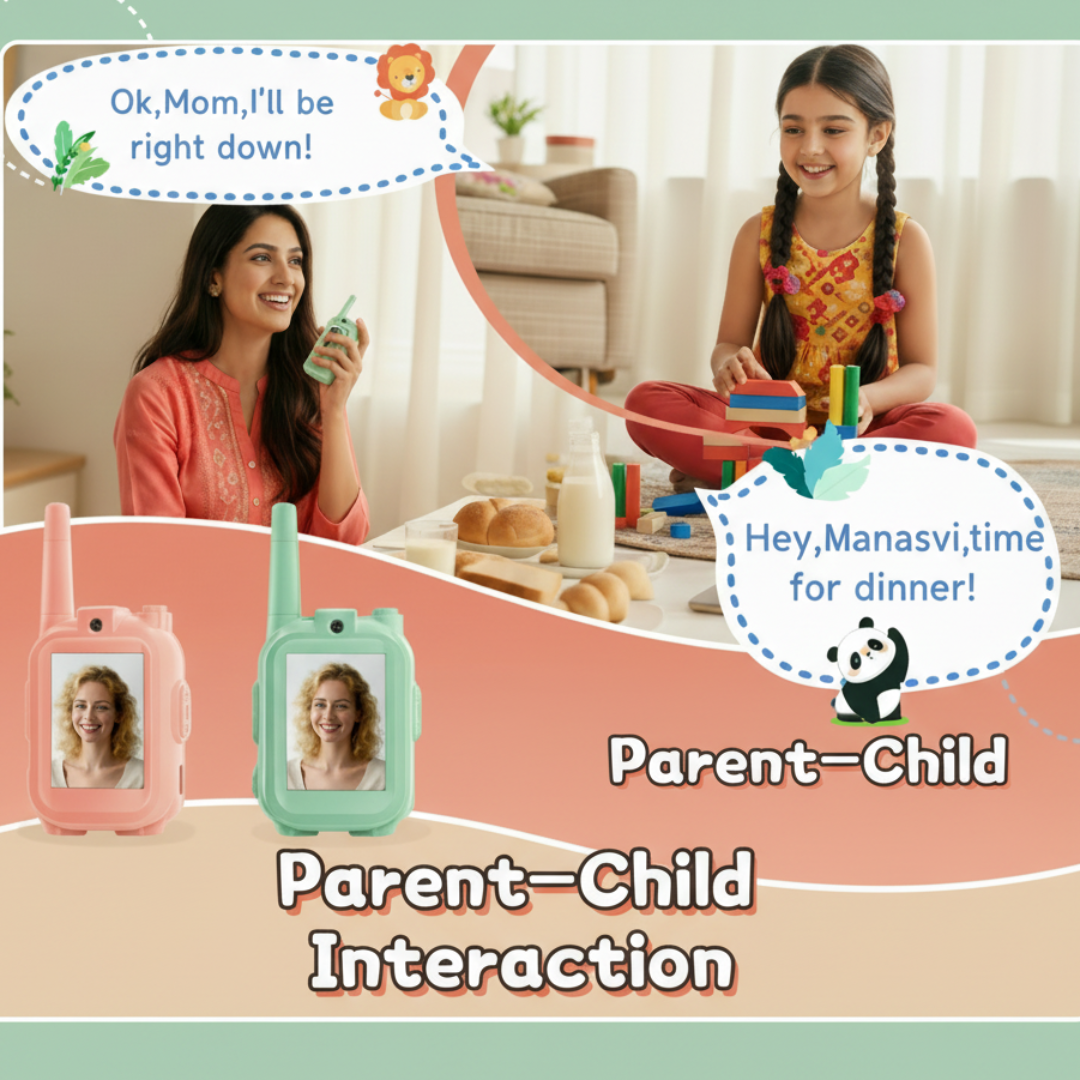 Collage of a woman and child using walkie-talkies with text bubbles indicating communication, set against a blue background with images of the walkie-talkies.