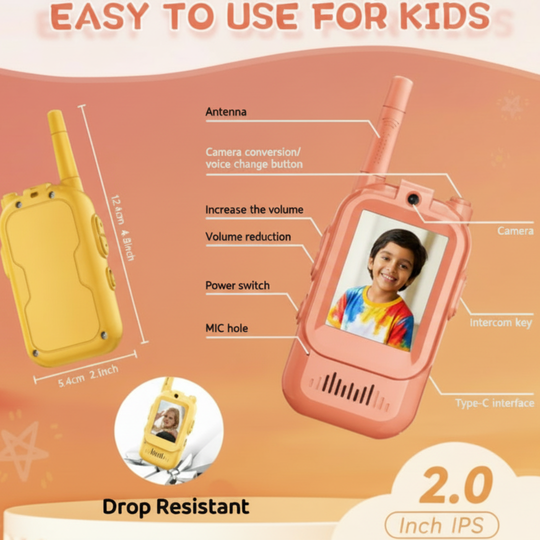 Children's walkie-talkie with features highlighted on a blue background