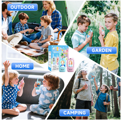 Collage of children in various settings with a product box labeled 'Outdoor', 'Garden', 'Home', and 'Camping'.