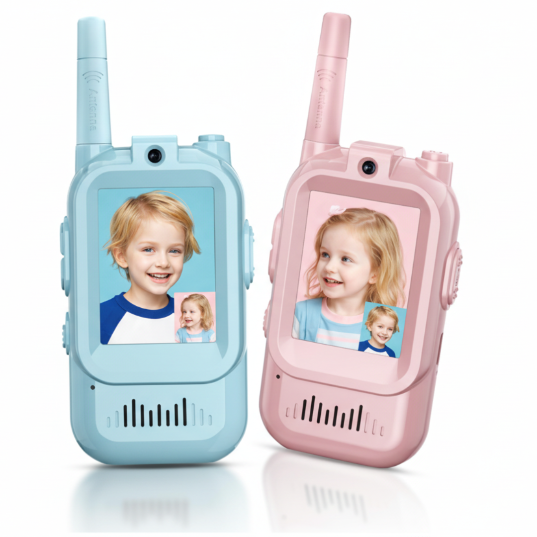Two children's walkie-talkies, one blue and one pink, with photo display功能, lanyards, and USB cable on a white background.