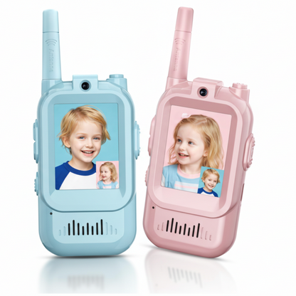 Two children's walkie-talkies, one blue and one pink, with photo display功能, lanyards, and USB cable on a white background.