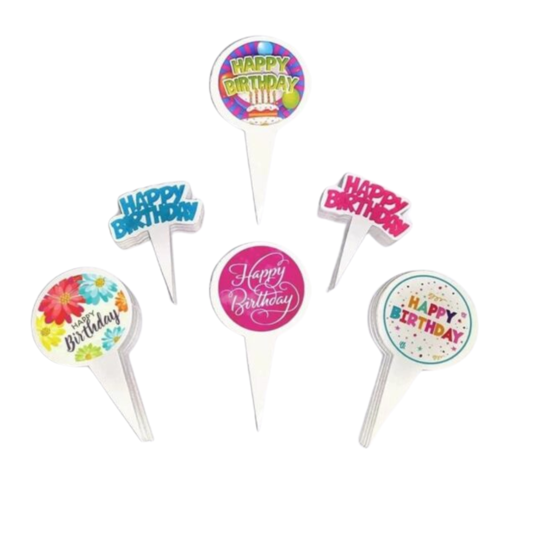 [Random design, 100 pcs] Happy Birthday Cake Toppers | Paper Cake Decoration | Parties & Bakeries
