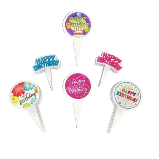 [Random design, 100 pcs] Happy Birthday Cake Toppers | Paper Cake Decoration | Parties & Bakeries