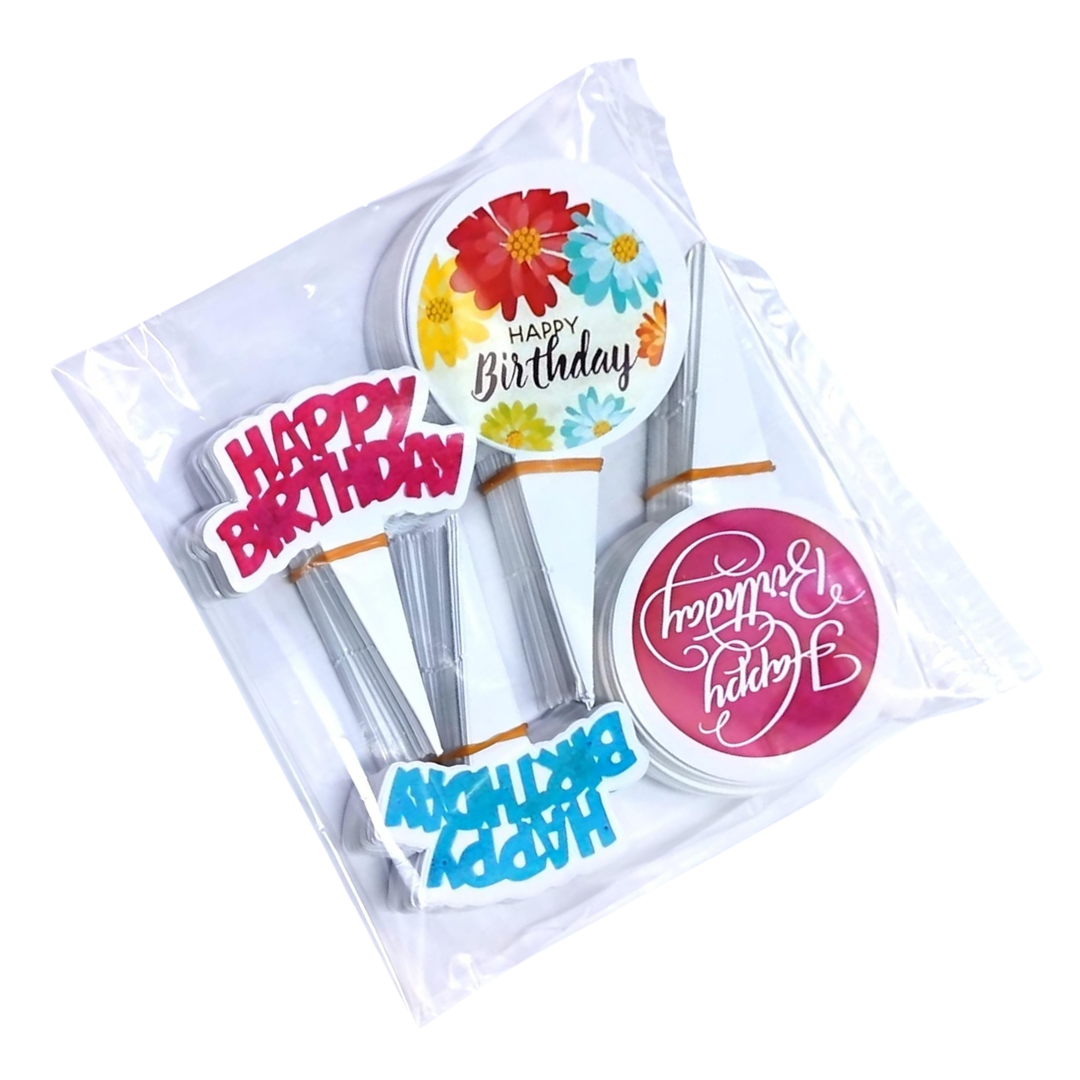 [Random design, 100 pcs] Happy Birthday Cake Toppers | Paper Cake Decoration | Parties & Bakeries