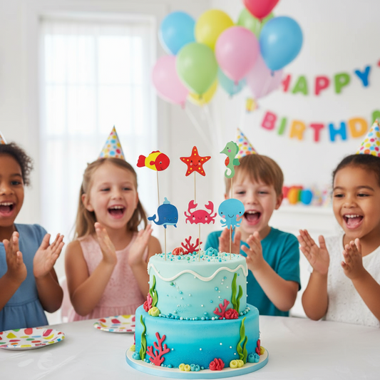 Children celebrating a birthday with a cake and balloons, wearing party hats.