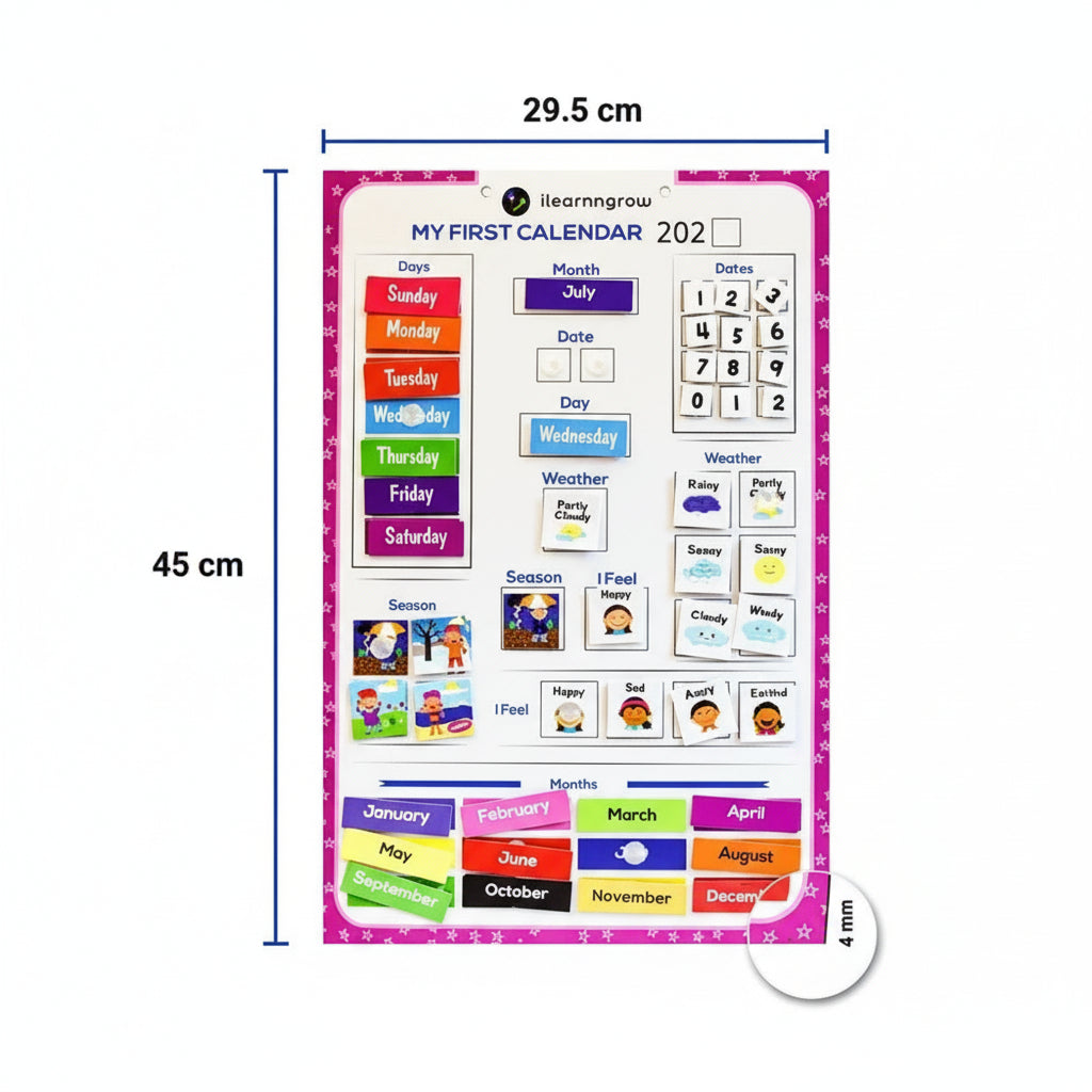 Children's educational calendar with colorful days of the week and months displayed, featuring Learninggrou brand.