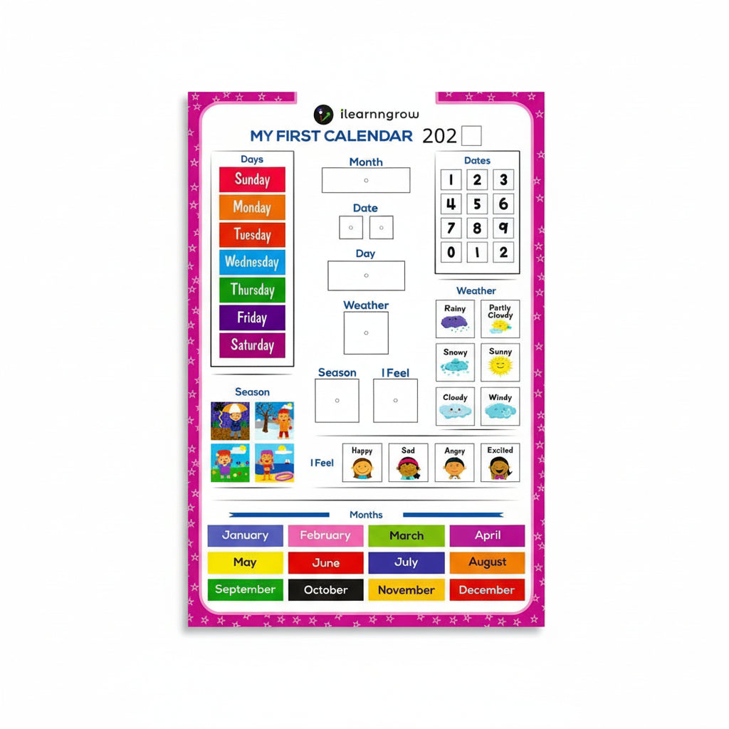 Children's educational calendar with colorful days of the week, months, and weather icons on a white background.