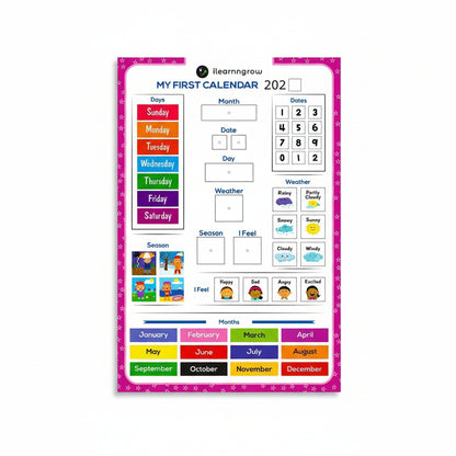 Children's educational calendar with colorful days of the week, months, and weather icons on a white background.