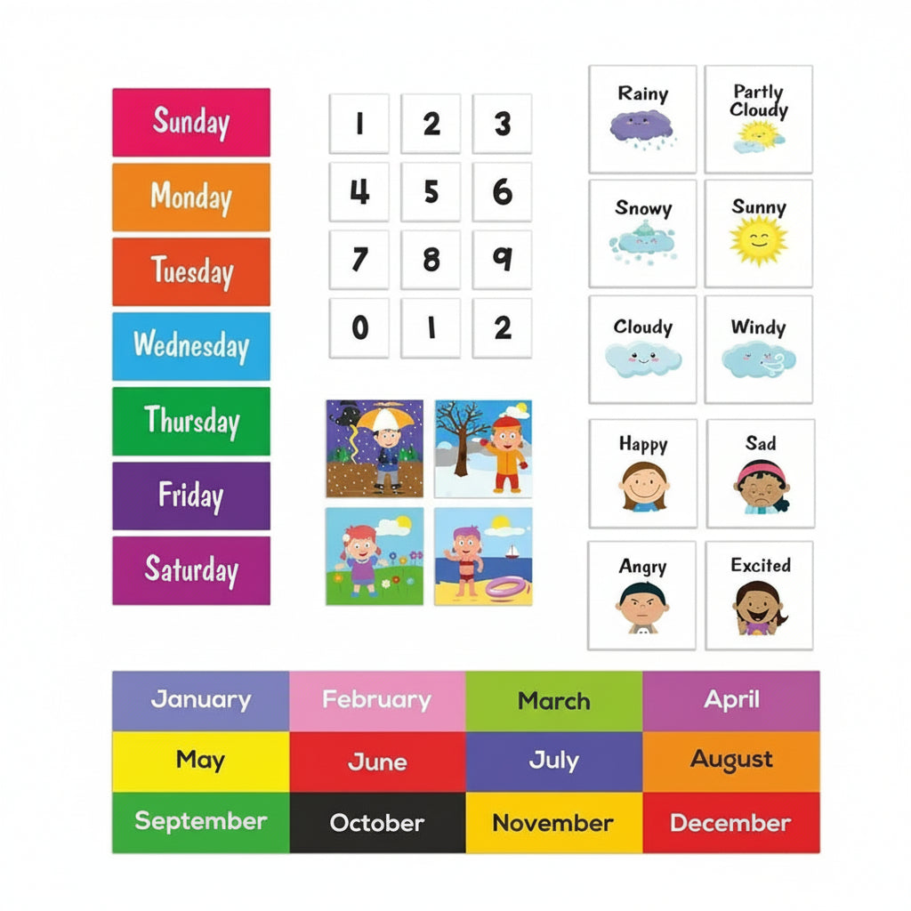 Educational children's calendar with days of the week, weather icons, and emotions.