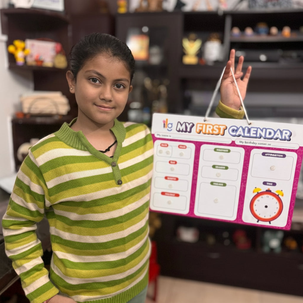 Child holding a colorful calendar with text in a store setting