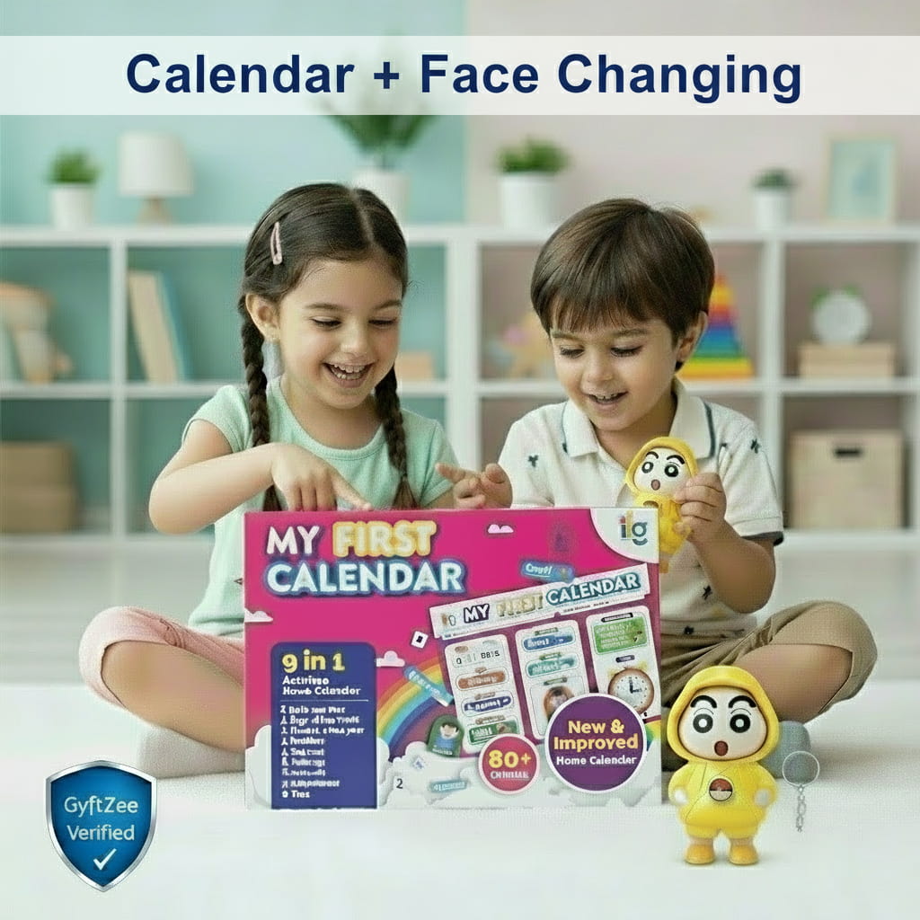 Two children playing with a 'My First Calendar' toy set in a room with shelves in the background. Best for age 3-6 years