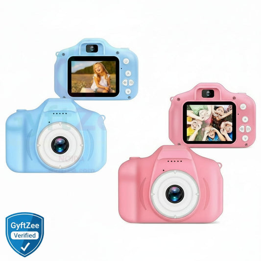 Two children's digital cameras, one blue and one pink, with screens displaying photos on a white background.