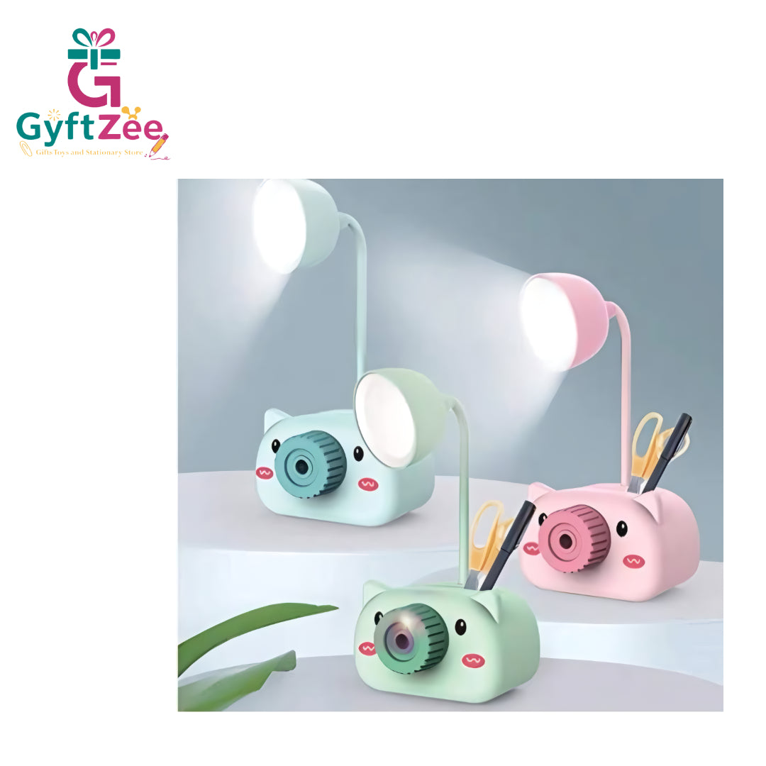 Kids Pig Camera LED Table Lamp with Pencil Holder, Stationery Organizer, Mobile Stand & Sharpener