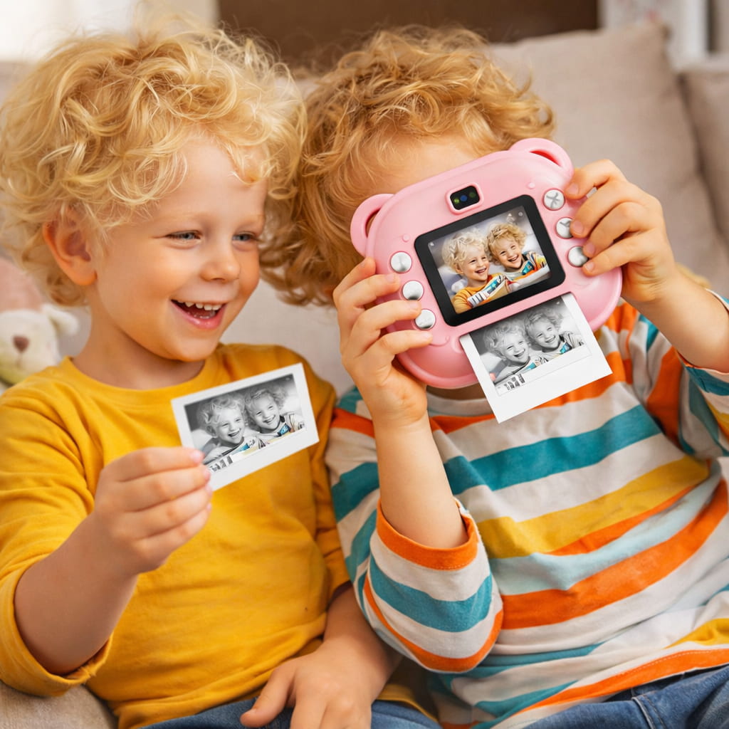Two children holding a pink toy camera and showing printed photos.