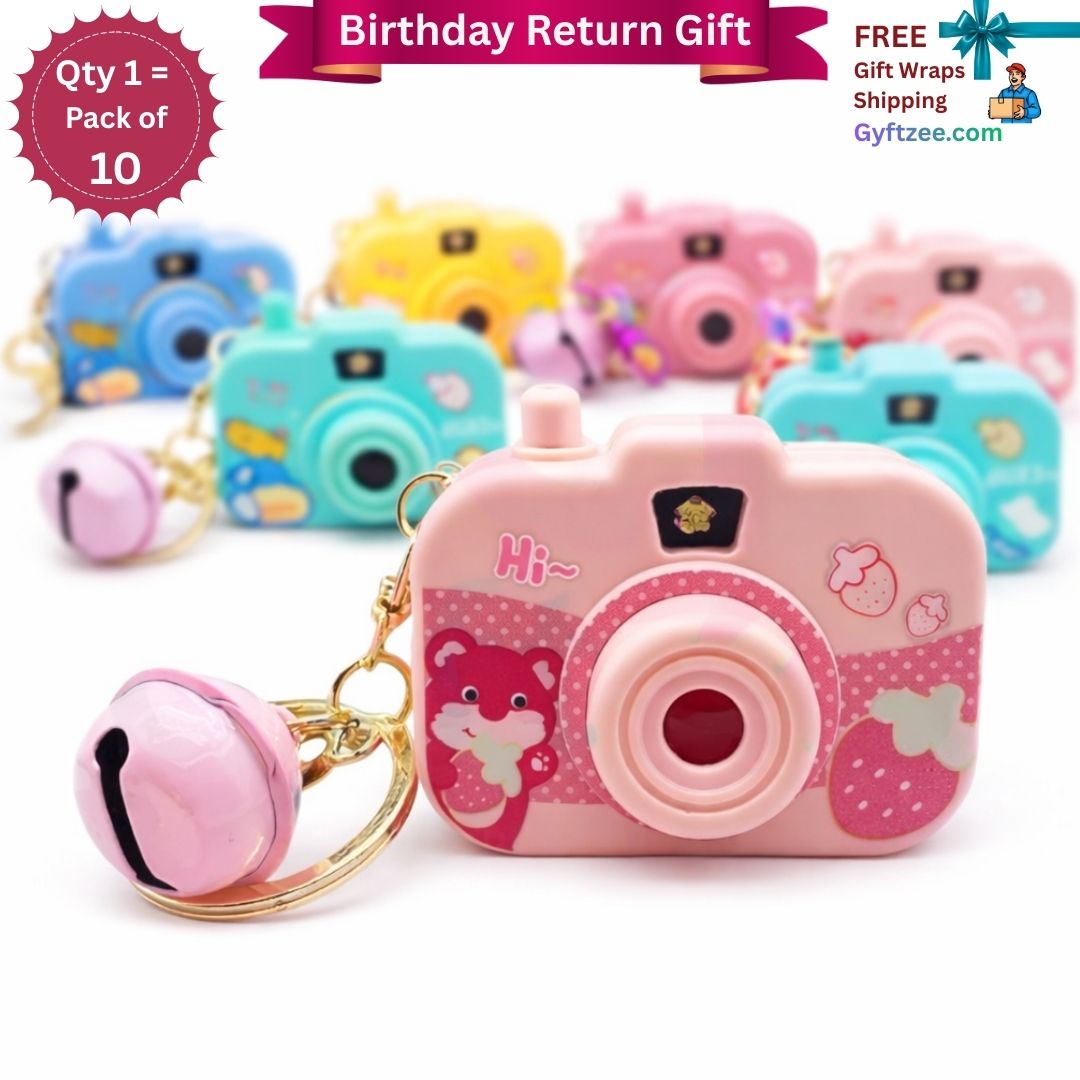 Pink toy camera keychain with cartoon design on a white background