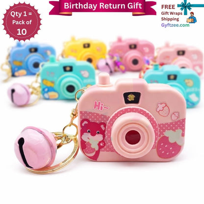 Pink toy camera keychain with cartoon design on a white background