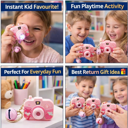 Children playing with pink toy cameras in various settings