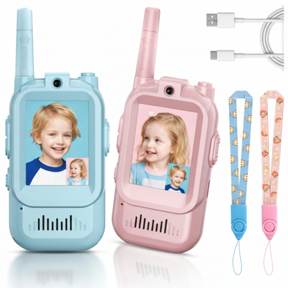 Two children's walkie-talkies, one blue and one pink, with photo display功能, lanyards, and USB cable on a white background.
