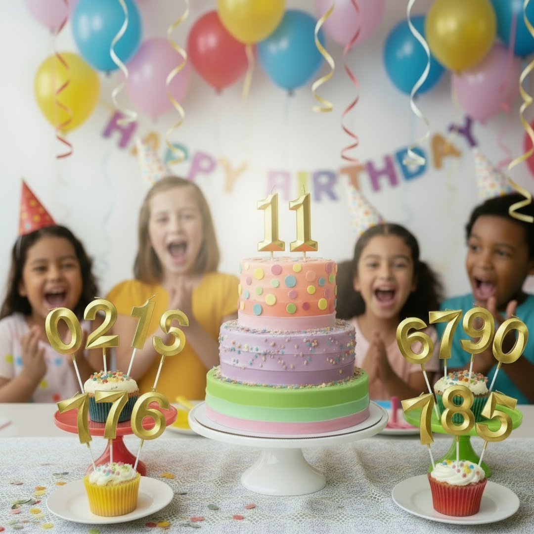 Children celebrating a birthday with a colorful cake and balloons.