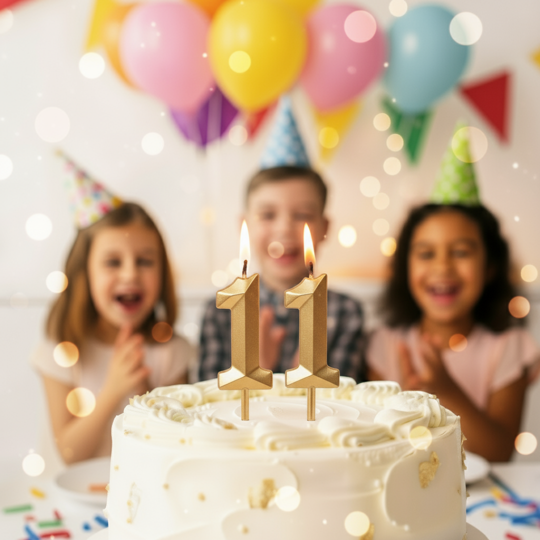 Children celebrating a birthday with a cake featuring the number '11' candles, surrounded by colorful balloons and lights.