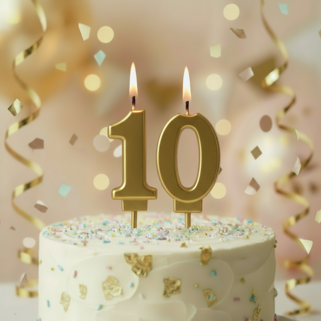 White cake with gold number candles spelling '10', surrounded by confetti and ribbons.