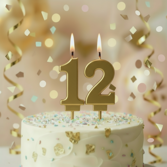 Cake with gold number '12' candles against a festive background with confetti and ribbons.