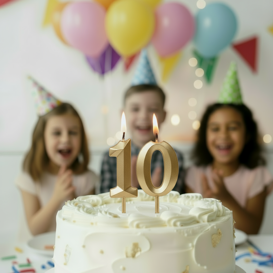 Birthday cake with number 10 candles in front of children celebrating a birthday.