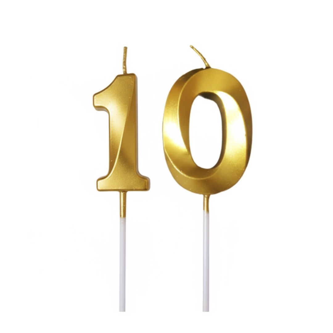 Two gold number 10 candles on white sticks against a white background