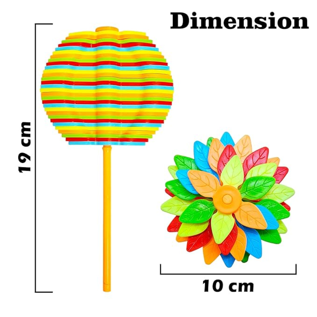 Colorful paper fan and pinwheel with dimensions labeled on a white background