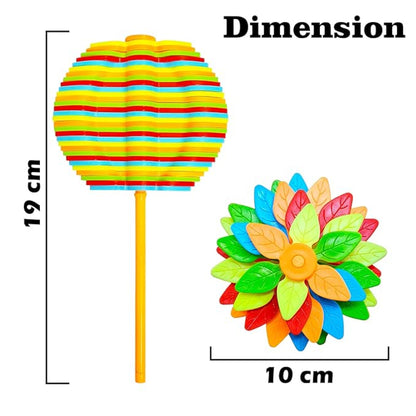 Colorful paper fan and pinwheel with dimensions labeled on a white background