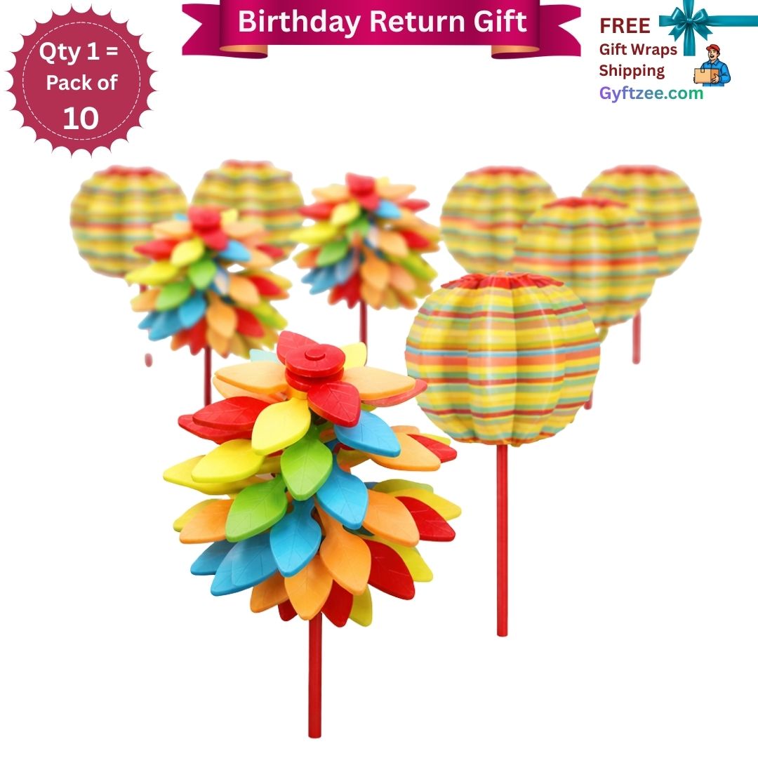 Colorful wind spinners on sticks with promotional text overlay on a white background
