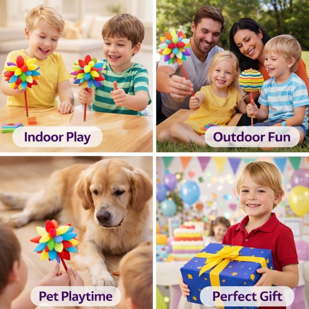 Collage of children playing with pinwheels, a family outdoors, a dog with a pinwheel, and a child with a gift box.