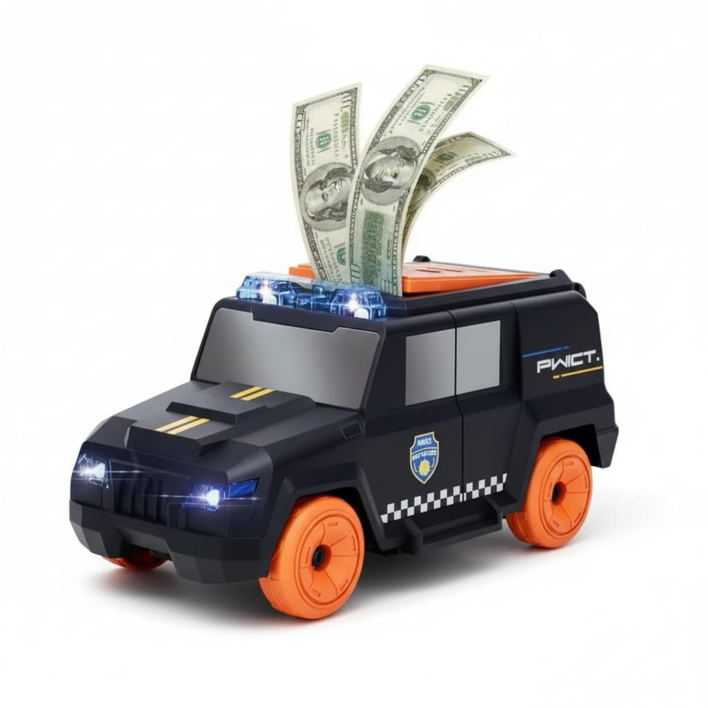Toy police car with money emerging from the back on a white background
