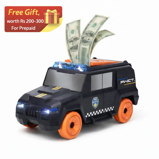 Toy car with money and police design on a white background