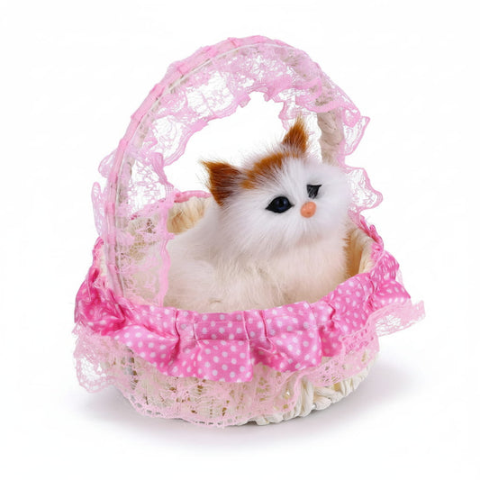 Mini Kitten in Basket – Cute Cat Doll & Decorative Gift