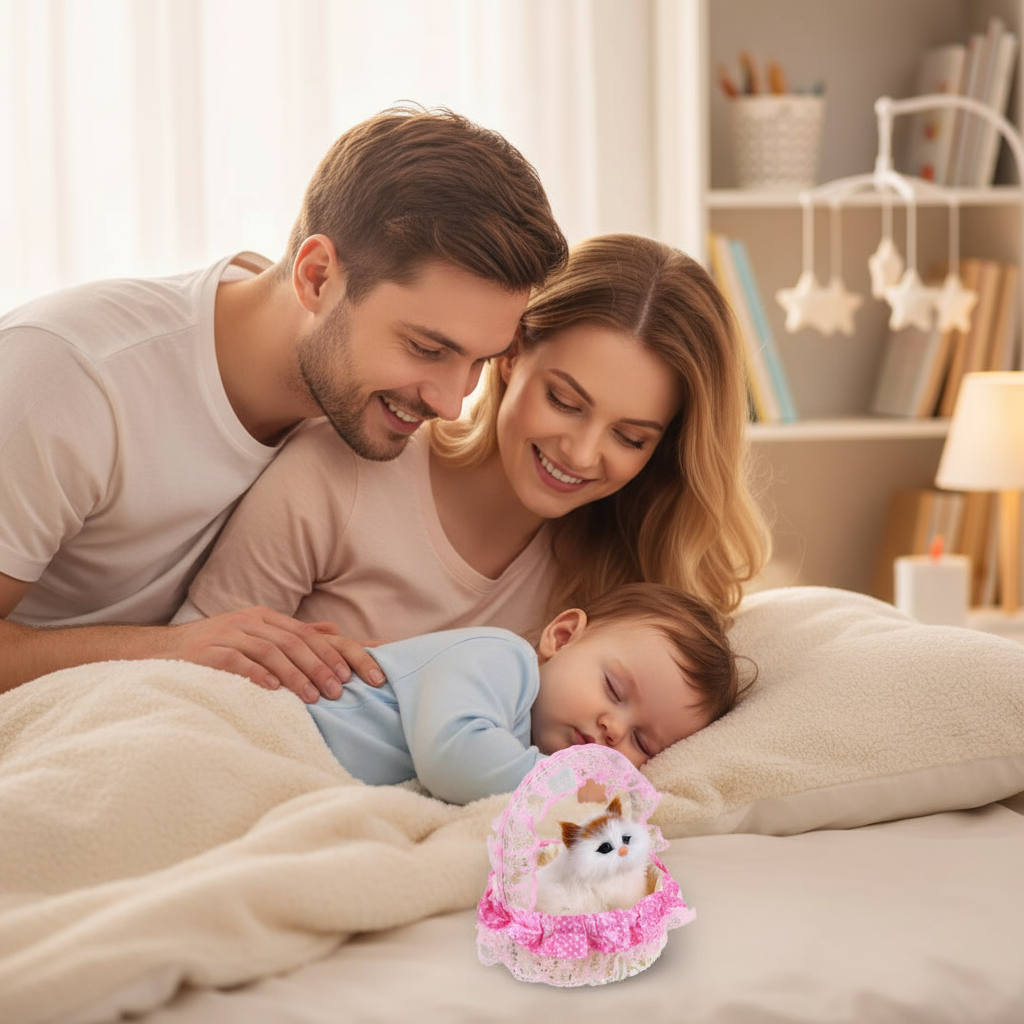 Mini Kitten in Basket – Cute Cat Doll & Decorative Gift