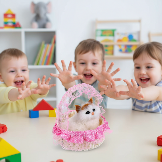 Mini Kitten in Basket – Cute Cat Doll & Decorative Gift