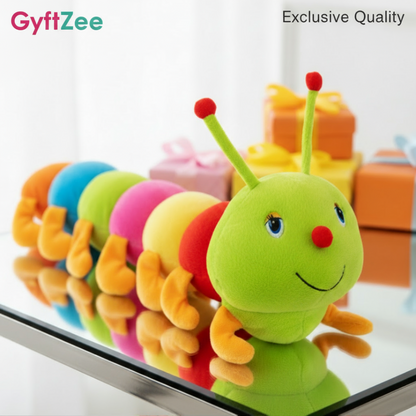 Colorful caterpillar plush toy with a reflective surface in the foreground