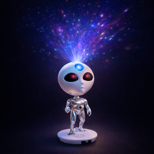 Alien figure with a light show on a dark background