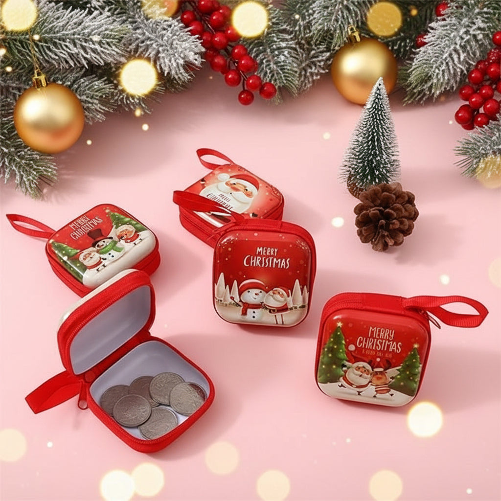 Red Christmas-themed coin purses on a pink background with decorative elements.
