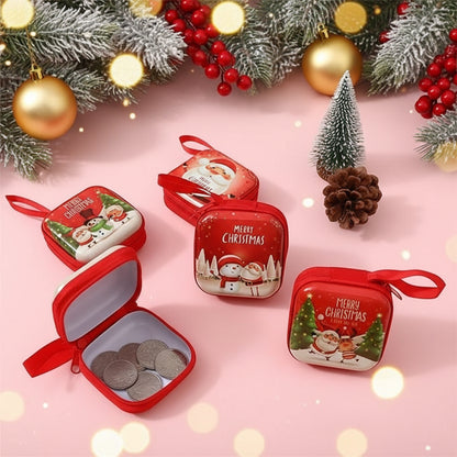 Red Christmas-themed coin purses on a pink background with decorative elements.