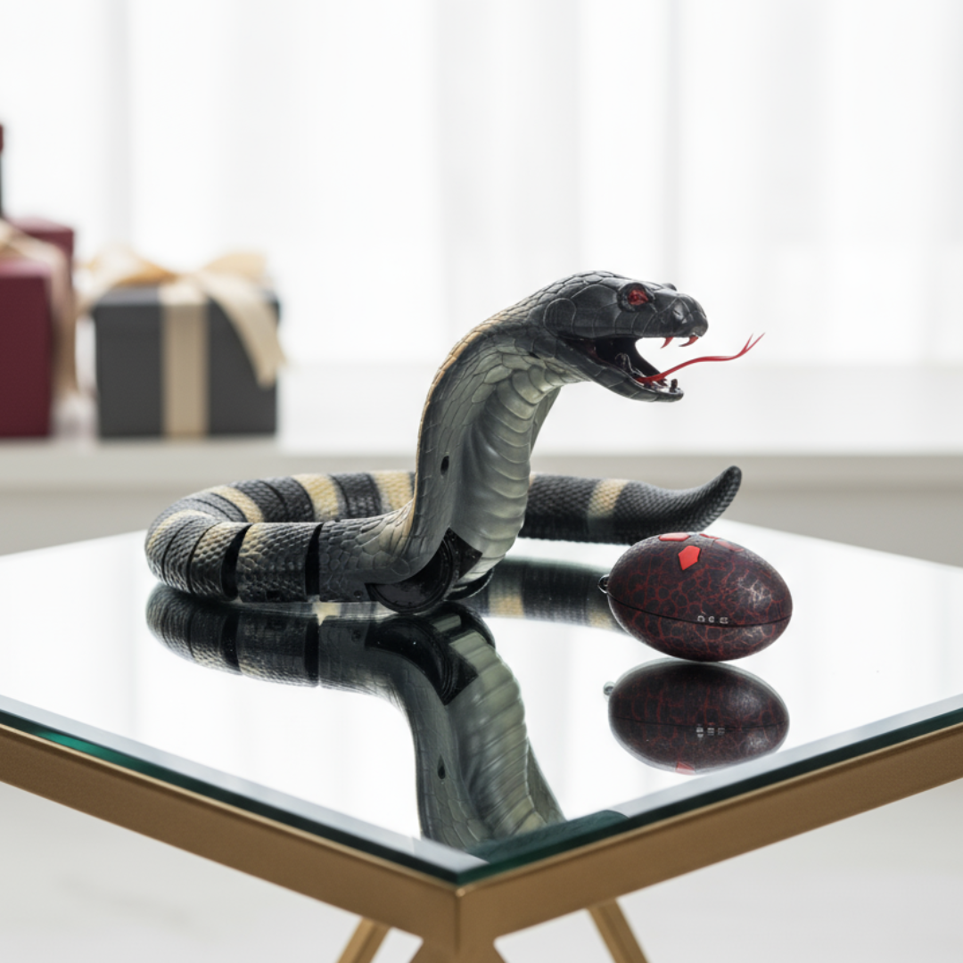 Toy snake on a reflective surface with a blurred background