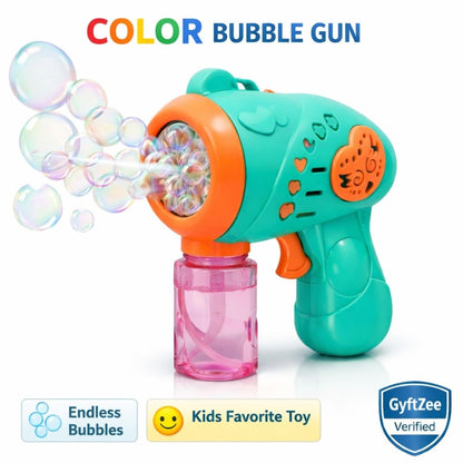 Color bubble gun with bubbles on a white background, featuring GyftZee verification.