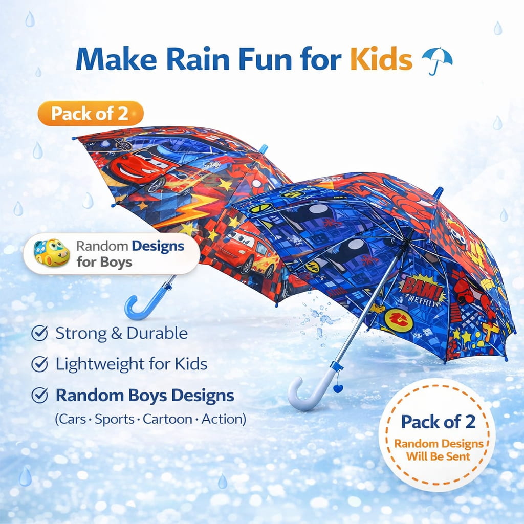 Two colorful children's umbrellas with cartoon designs on a snowy background, labeled 'Make Rain Fun for Kids'.