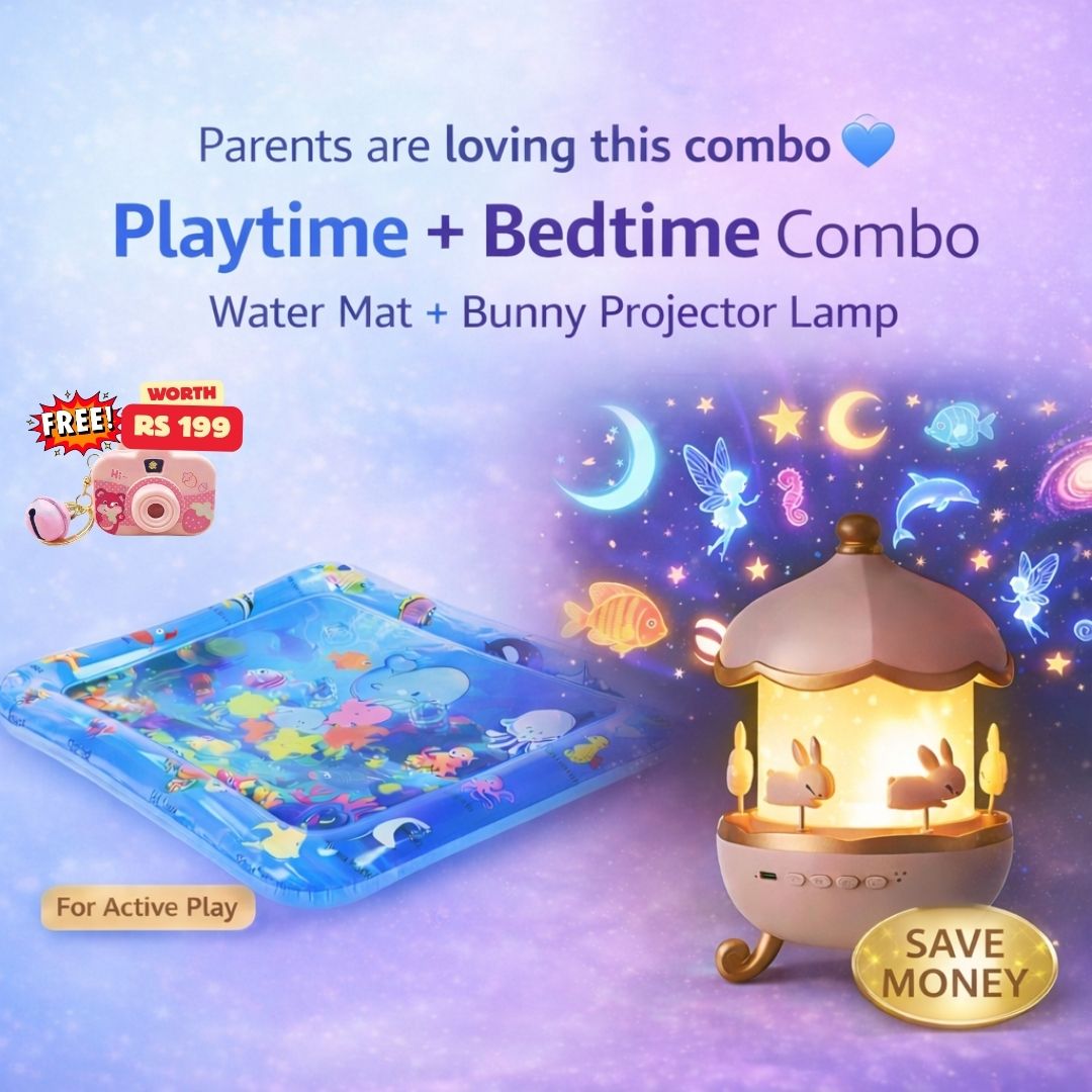 Playtime and Bedtime Combo with water mat and bunny projector lamp on a purple background