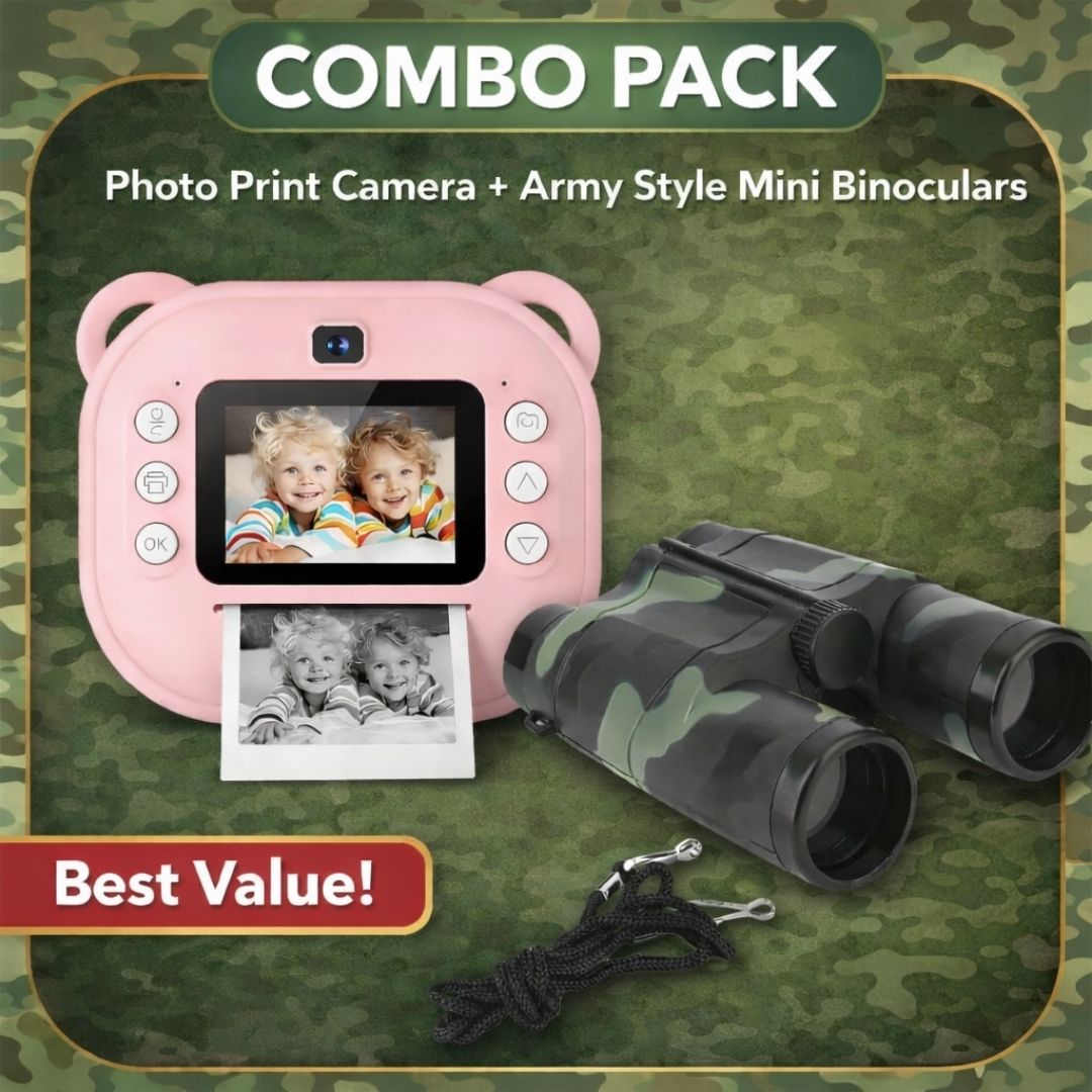 Kids Adventure Combo Pack – Instant Print Camera + Army Style Mini Binoculars [Assorted]