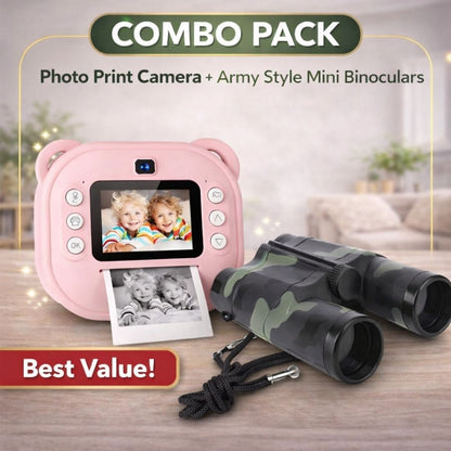 Combo pack with photo print camera and army style mini binoculars on a wooden surface.